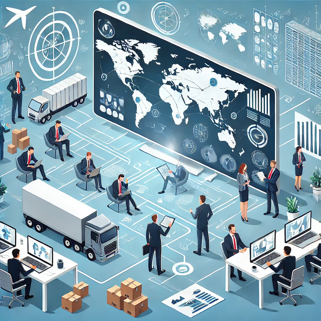 DALL·E 2025-01-27 09.50.16 - Uma imagem representando consultoria de logística, mostrando um ambiente corporativo moderno com um consultor explicando um plano em um grande monitor.png